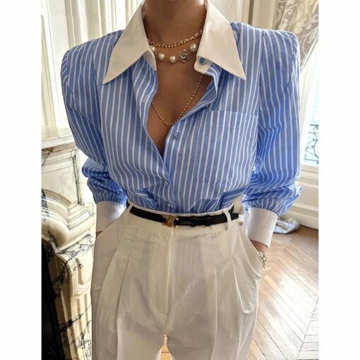 Buy Fashion Lapel Patchwork Striped Blouses Women Tops Long Sleeve Single-breasted Loose Female Shirts Spring Blusas 8096 online shopping cheap