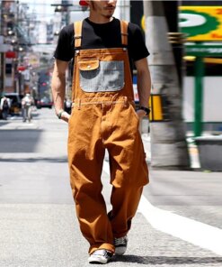 Fashion Men Jeans Bib Washed Jumpsuit Plus Size Streetwear Solid Color Pockets Loose Strap Suspenders Workout Pants Cargo Pants