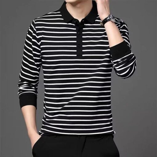 Buy Fashion Men New Striped Polo Shirts Spring Autumn Long Sleeve Lapel Cotton Tee Shirt Male Clothes Casual Business T-Shirt 2022 online shopping cheap