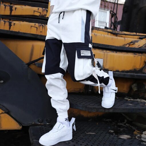 Buy Fashion Mens Cargo Pants Patchwork Pocket Hip Hop Track Pants Streetwear Swag Joggers Harajuku Cuffed Pants For Male online shopping cheap