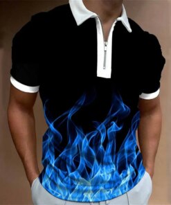 Fashion Men’s Matching Clothing Polo Shirts Casual Flame 3D Printed Short Sleeve Tee Men Turn-Down Collar Zipper Golf Shirt Tops