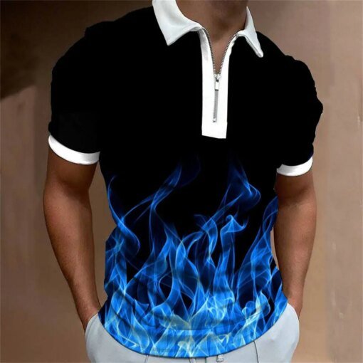Buy Fashion Men's Matching Clothing Polo Shirts Casual Flame 3D Printed Short Sleeve Tee Men Turn-Down Collar Zipper Golf Shirt Tops online shopping cheap