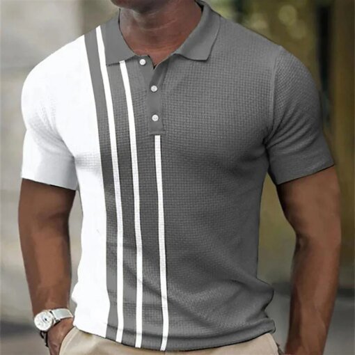 Buy Fashion Men's Polo Shirt New Tops Stripe Button Lapel Tops Short Sleeve Tee for Male Quick Drying Man Business Casual Clothing online shopping cheap