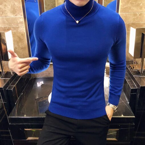 Buy Fashion New Men's Winter Turtleneck Sweater Solid Color Slim-fit Business Casual Simple Thermal Jumper Men Knitwear Base Sweater online shopping cheap