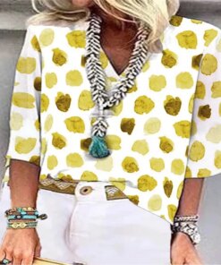 Fashion New V-Neck Half Sleeve Women Blouse Causal Loose Dot Print Solid Color Shirt Temperament Elegant Retro Office Blouse