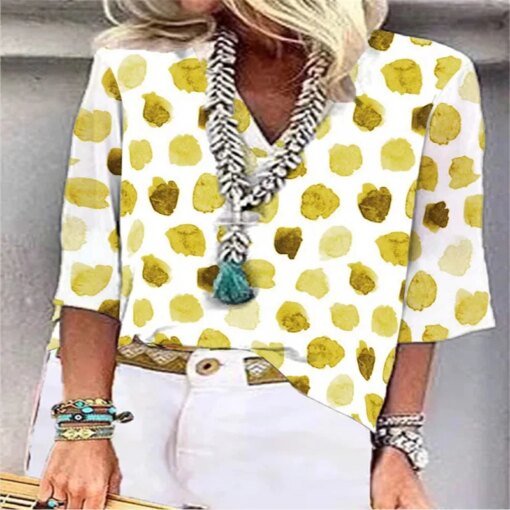 Buy Fashion New V-Neck Half Sleeve Women Blouse Causal Loose Dot Print Solid Color Shirt Temperament Elegant Retro Office Blouse online shopping cheap