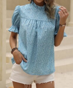 Fashion Solid Color Stand Collar Women Blouse Elegant Puff Short Sleeve Floral Print Top Temperament Office Summer Loose Blouse