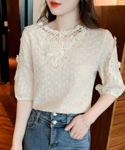 Fashion Summer Flowers Chiffon Shirts Embroidered Cotton Women’s Blouse Casual Short Sleeve Loose Tops O Neck White Blusas 19237