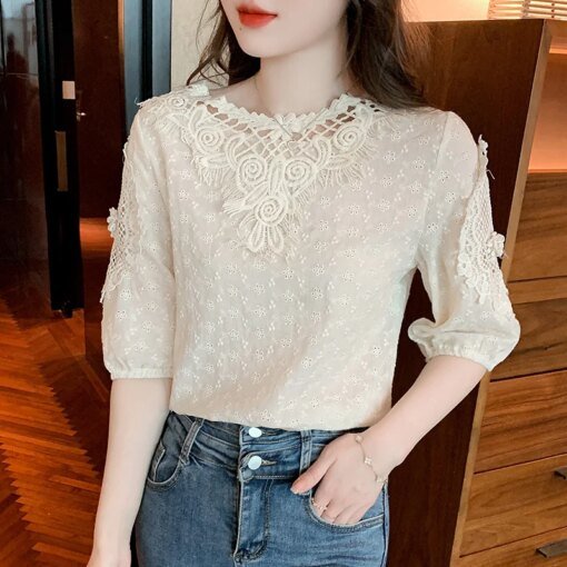 Buy Fashion Summer Flowers Chiffon Shirts Embroidered Cotton Women's Blouse Casual Short Sleeve Loose Tops O Neck White Blusas 19237 online shopping cheap