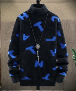 Fashion Turtleneck Knitted Spliced Loose Letter Sweater Men’s Clothing 2023 Autumn New Casual Pullovers All-match Warm Tops