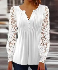 Fashion V Neck Print Shirts Women Elegant Hollow Out Lace Blouse Long Sleeve Tops Solid Vintage Casual White Shirt Blusas 25958