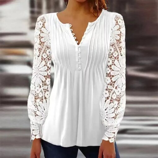 Buy Fashion V Neck Print Shirts Women Elegant Hollow Out Lace Blouse Long Sleeve Tops Solid Vintage Casual White Shirt Blusas 25958 online shopping cheap
