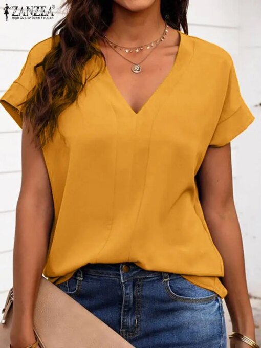 Buy Fashion Women Solid OL Work Shirt Casual Office Blusas Female Loose Tops Tunic ZANZEA Summer Elegant V Neck Short Sleeve Blouse online shopping cheap
