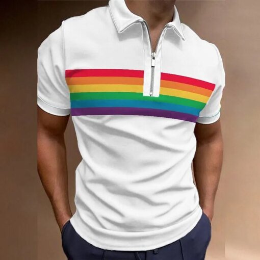 Buy Fashion Zipper Polo Shirt High Quality Rainbow Element Men's Clothing Golf Leisure Sports Polo Daily Vacation Tops Shirt For Men online shopping cheap