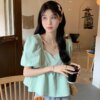 Buy Female Korean Harajuku Vintage V Neck Casual Loose Sweet Shirt Women's Shirts Ulzzang Japanese Kawaii Ladies Clothes For Women online shopping cheap