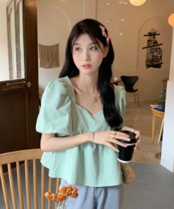Female Korean Harajuku Vintage V Neck Casual Loose Sweet Shirt Women’s Shirts Ulzzang Japanese Kawaii Ladies Clothes For Women