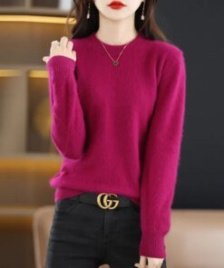 Flat Round Neck Pure Mink Cashmere Sweater Women’s Long Sleeve Top Autumn and Winter Warm Loose Knit Pullover Solid Color Base