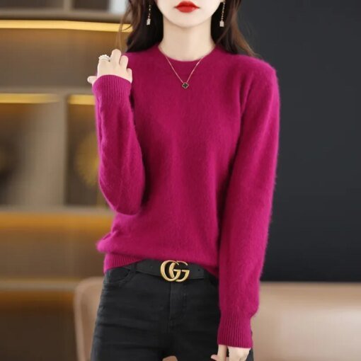 Buy Flat Round Neck Pure Mink Cashmere Sweater Women's Long Sleeve Top Autumn and Winter Warm Loose Knit Pullover Solid Color Base online shopping cheap