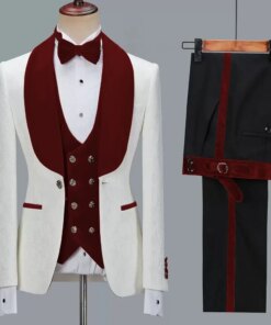 Floral Jacket Men Suit Slim Fit Wedding Tuxedo Burgundy Velvet Lapel Groom Party Suits Costume Homme Best Man Blazer Vest Pants