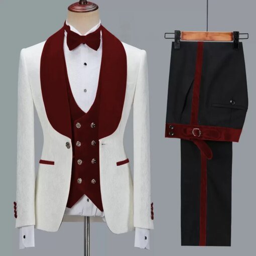 Buy Floral Jacket Men Suit Slim Fit Wedding Tuxedo Burgundy Velvet Lapel Groom Party Suits Costume Homme Best Man Blazer Vest Pants online shopping cheap