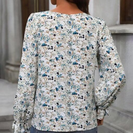 Buy Floral Print Blouse Chic Floral Print Office Blouses for Women Elegant V-neck Puff Sleeves Loose Fit Streetwear Tops Sweet Top online shopping cheap
