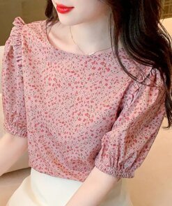 Floral Shirt Women’s Clothing 2022 Summer Sweet Women Blouse Chiffon Spliced Short Sleeve Blusa Mujer Tops Ladies Pullover 1718