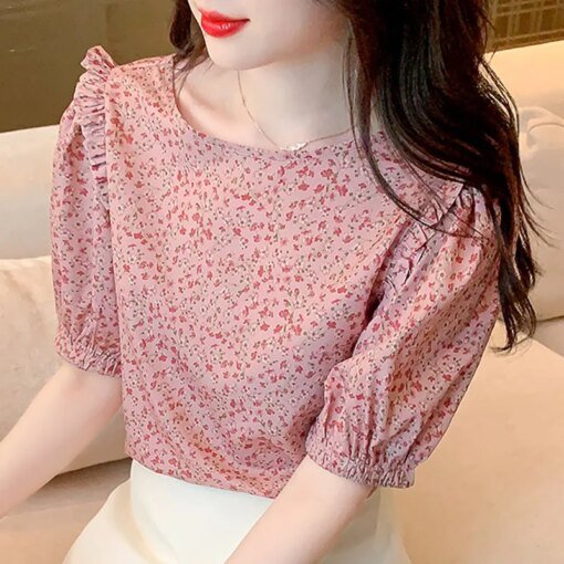 Buy Floral Shirt Women's Clothing 2022 Summer Sweet Women Blouse Chiffon Spliced Short Sleeve Blusa Mujer Tops Ladies Pullover 1718 online shopping cheap