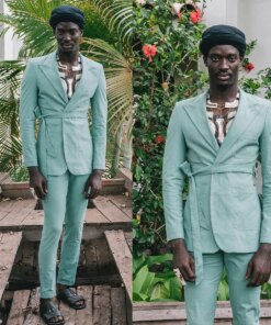 Green Men’s Suit 2 Pieces Blazer Pants With Belt Peaked Lapel Business Formal Slim Fit Wedding Groom Tailored Costume Homme