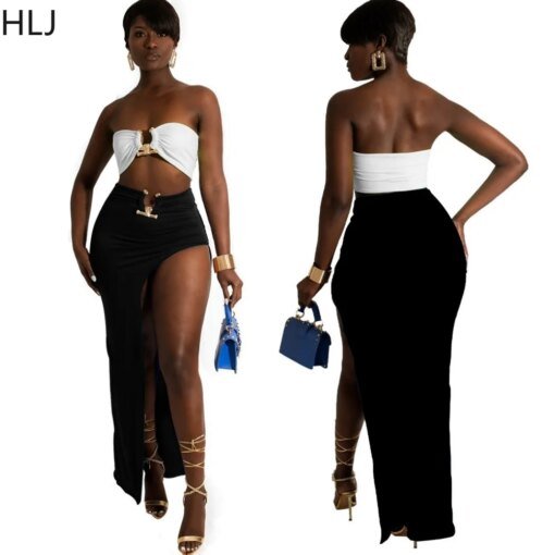 Buy HLJ Fashion Hollow Skinny Skirts Two Piece Sets Women Sexy Tube And High Slit Irregular Skirts Outfits Female Nightclub Clothing online shopping cheap