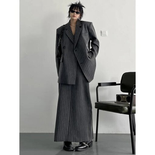 Buy Half-body Skirt Gray Striped Big Size Two Pieces Suit New Lapel Long Sleeve Women Fashion Tide Spring Autumn online shopping cheap