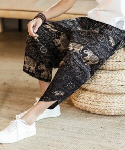 Harem Pants Comfy Casual Trousers Mid-rise Stylish Men Vintage Printing Cropped Trousers Streetwear