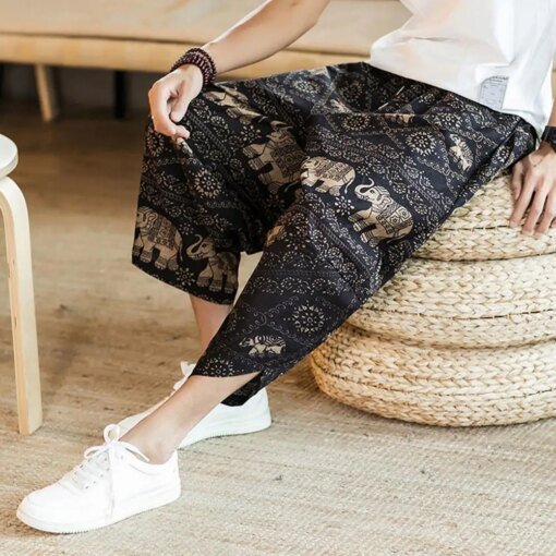 Buy Harem Pants Comfy Casual Trousers Mid-rise Stylish Men Vintage Printing Cropped Trousers Streetwear online shopping cheap