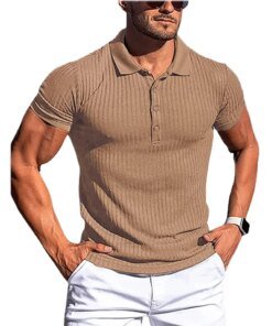 High Quality Autumn And Summer Men’s Solid Color Striped Fitness Stretch Short Sleeved Polo Men’s Shirt Fashion Standing Collar