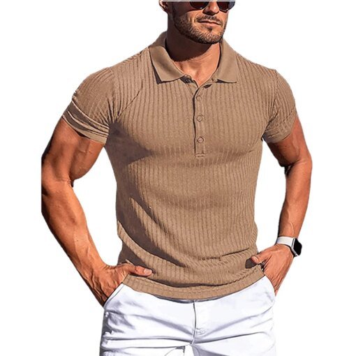 Buy High Quality Autumn And Summer Men's Solid Color Striped Fitness Stretch Short Sleeved Polo Men's Shirt Fashion Standing Collar online shopping cheap