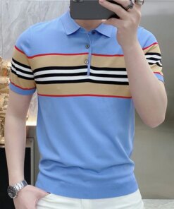 High Quality Contrasting Stripe Stitching Polo Shirt Para Hombre Knitted Slim Trendy Breathable Men