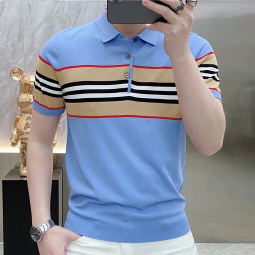 Buy High Quality Contrasting Stripe Stitching Polo Shirt Para Hombre Knitted Slim Trendy Breathable Men online shopping cheap