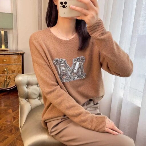 Buy High-Quality Diamond Letter M Knitted Pullover Women Cashmere Sweater Spring Autumn New Fashion Soft Lazy Wool Knitwear TopsX218 online shopping cheap