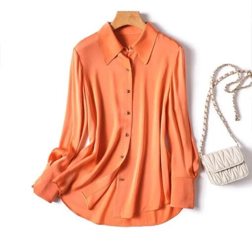 Buy High Quality Elegant Imitation Silk Blouse Spring Women Fashion Long Sleeves Satin Blouse Vintage Femme Stand Street Shirts A84 online shopping cheap