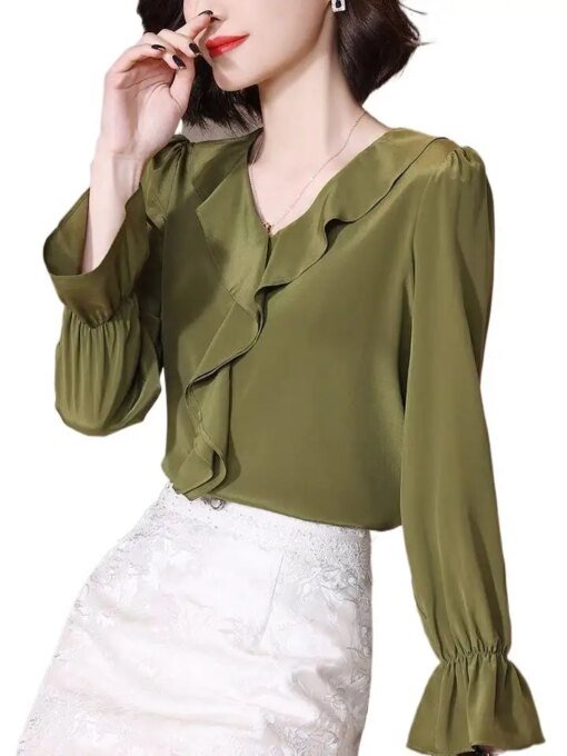 Buy High Quality Elegant Imitation Silk Blouse Spring Women Fashion Long Sleeves Satin shirts Vintage Korean sweet ruffled tops online shopping cheap