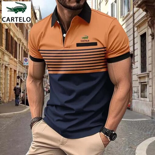 Buy High quality short-sleeved Polo Shirt New Men's luxury casual lapel striped POLO shirt Summer fashion clothing European size top online shopping cheap