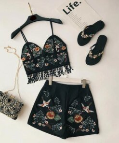 Holiday Vacation Women 2 Pieces Sets 2022 Summer New Embroidery Tassel Strap Tops + High Waist Shorts Beach Style Clothing Suits