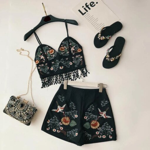 Buy Holiday Vacation Women 2 Pieces Sets 2022 Summer New Embroidery Tassel Strap Tops + High Waist Shorts Beach Style Clothing Suits online shopping cheap