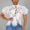 Buy Hollow Out Nightclub Women Sexy Blouse Puff Sleeve Vintage Summer Top Button Up Stand Irregular Elegant Shirts Lady Blusas 26527 online shopping cheap