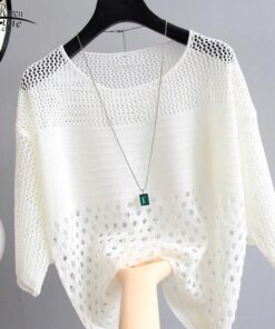 Hollow Out Thin Casual Knitted Blouse Women Summer Ice Silk White Shirts Women O Neck Bottoming Office Lady Tops Blusas 13686