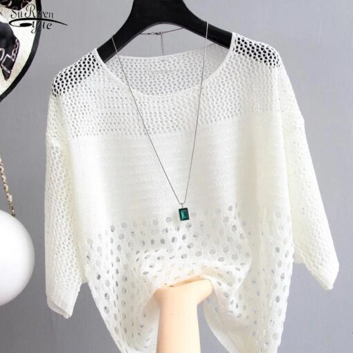 Buy Hollow Out Thin Casual Knitted Blouse Women Summer Ice Silk White Shirts Women O Neck Bottoming Office Lady Tops Blusas 13686 online shopping cheap