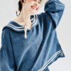 Buy IMAKOKONI original design round neck pullover long sleeve denim shirt striped blue casual loose T-shirt 234216 online shopping cheap