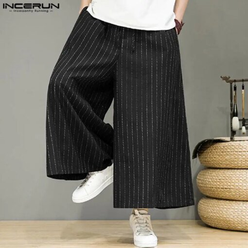 Buy INCERUN 2023 Men Striped Pants Drawstring Joggers Loose Streetwear Pockets Wide Leg Trousers Men Vintage Casual Male Pants S-5XL online shopping cheap