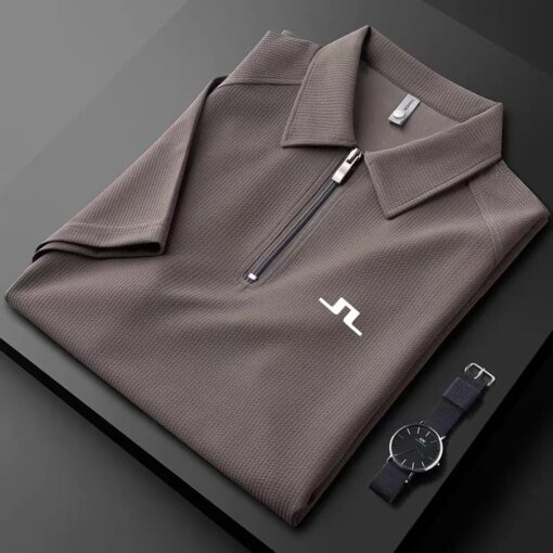 Buy J Lindeberg Golf Men Summer Thin Half-zipper Polo Shirt Short-sleeved Slim Lapel Ice Silk Breathable Business Fashion Solid Golf online shopping cheap
