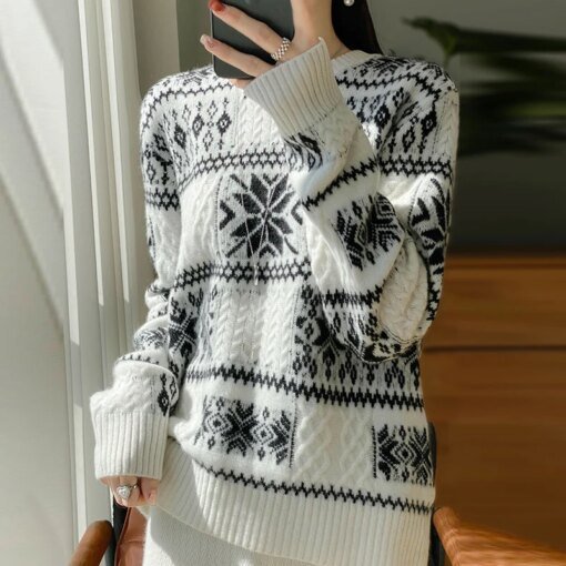 Buy Jacquard 100% Merino Wool Sweater Round Neck Pullover Soft And Loose Cashmere Pullover Basic Size Large Knitted Jumper For Women online shopping cheap