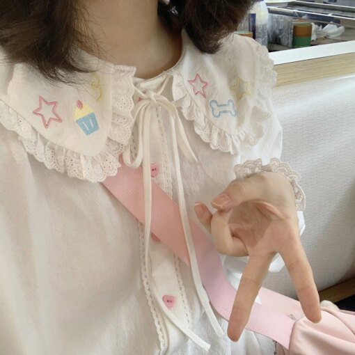 Buy Japanese 2023 Sweet Shirt Embroidered Doll Collar Blouses New Spring and Autumn Female Long Sleeve Elegant Blouse Tops H04 online shopping cheap